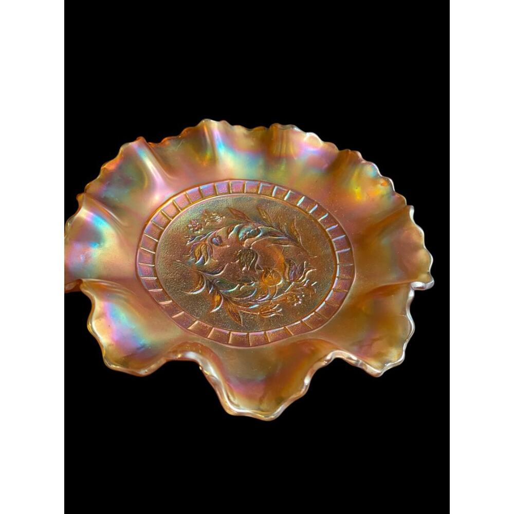 Vintage Dugan Wildflower Marigold Carnival Glass Ruffle 8.75" Bowl